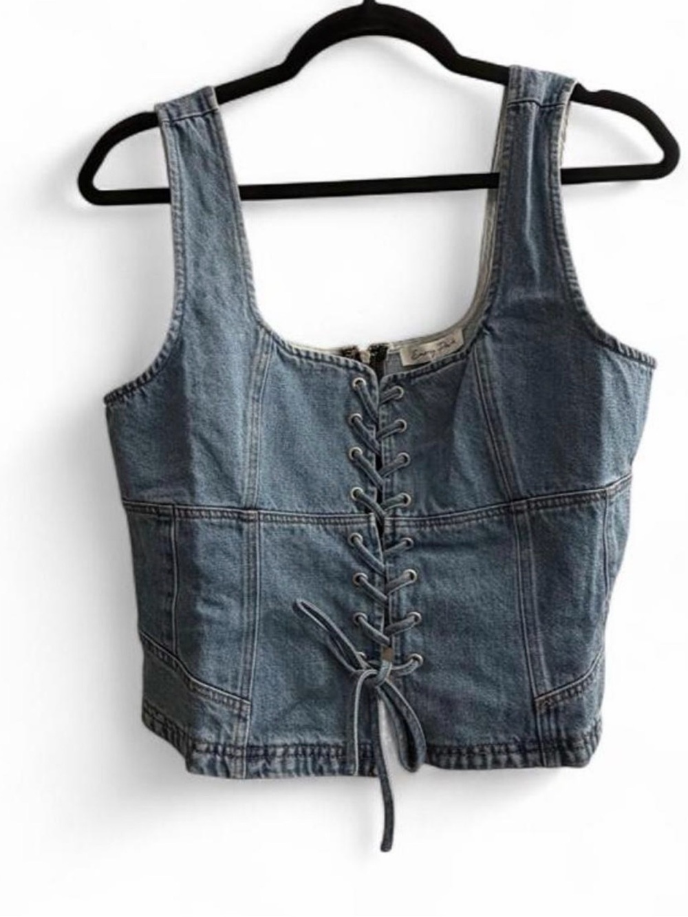 emory park Denim Lace-Up Crop Top - Blue